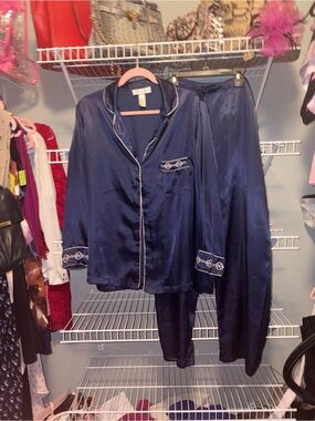 Oscar de la Renta Pink Label Navy Blue Satin Pajama Set